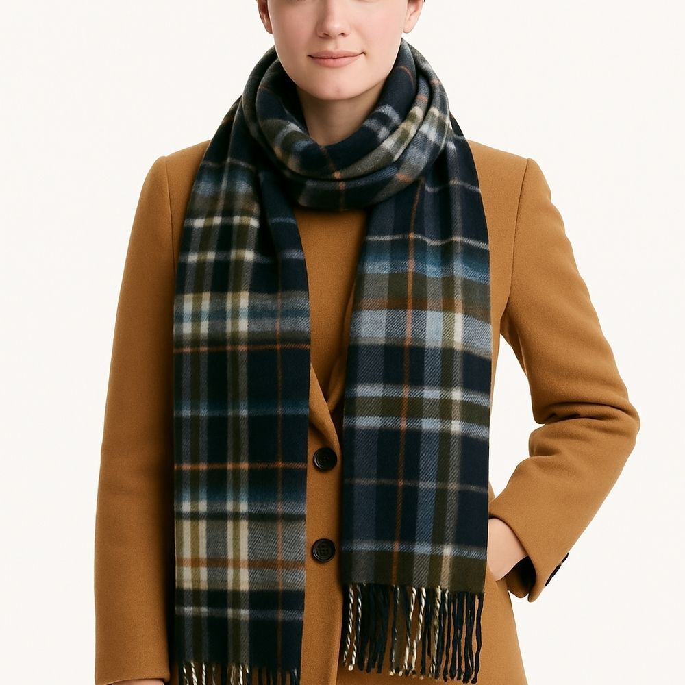 Wyckwood House Plaid Fringe Shawl Scarf Brown Blue Olive Cozy Soft Wrap NWT